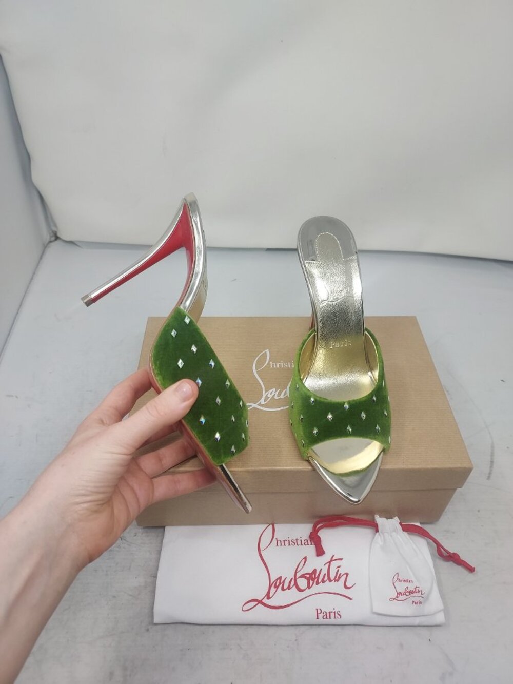 Christian Louboutin Miss Z Mule Green Bejeweled Losanges Sandal